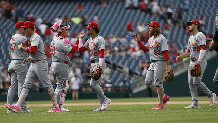 May 11, 2025; Washington, District of Columbia, USA; St. Louis Cardinals players celebrate after their game against the Washington Nationals at Nationals Park. Mandatory Credit: Geoff Burke-Imagn Images May 11, 2025; Washington, District of Columbia, USA; St. Louis Cardinals players celebrate after their game against the Washington Nationals at Nationals Park. Mandatory Credit: Geoff Burke-Imagn Images