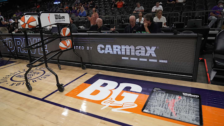 Jun 29, 2022; Phoenix, Arizona, USA; BG42 signage is shown on the court at Footprint Center in support of Phoenix Mercury center Brittney Griner (not pictured) prior to the game between the Phoenix Mercury and the Indiana Fever. Mandatory Credit: Joe Camporeale-Imagn Images