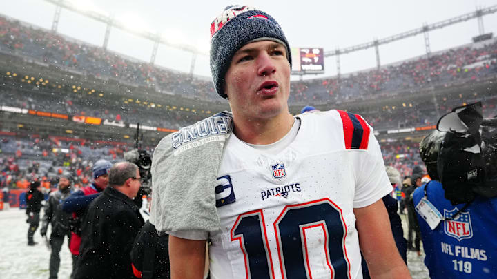 Jan 25, 2026; Denver, CO, USA;  New England Patriots quarterback Drake Maye (10) reacts after defeating the Denver Broncos in the 2026 AFC Championship Game at Empower Field at Mile High. 