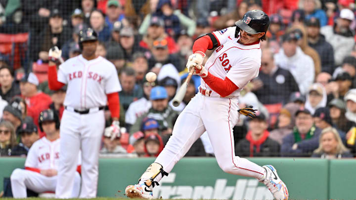 Apr 10, 2025; Boston, Massachusetts, USA; Boston Red Sox left fielder Jarren Duran (16) hits a single against the Toronto Blue Jays during the third inning at Fenway Park. Mandatory Credit: Eric Canha-Imagn Images Apr 10, 2025; Boston, Massachusetts, USA; Boston Red Sox left fielder Jarren Duran (16) hits a single against the Toronto Blue Jays during the third inning at Fenway Park. Mandatory Credit: Eric Canha-Imagn Images