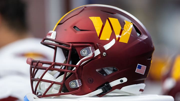 Sep 29, 2024; Glendale, Arizona, USA; Detailed view of a Washington Commanders helmet at State Farm Stadium. Mandatory Credit: Mark J. Rebilas-Imagn Images