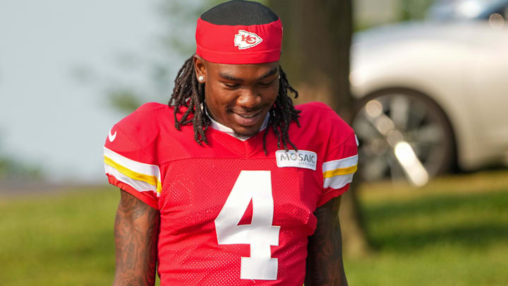 Kansas City Chiefs wide receiver Rashee Rice (4) walks down the hill from the locker room to the fields before training camp at Missouri Western State University.