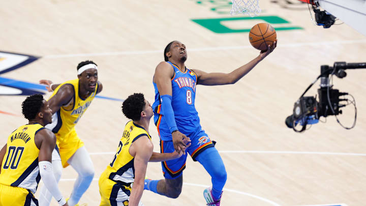 Jun 22, 2025; Oklahoma City, Oklahoma, USA; Oklahoma City Thunder forward Jalen Williams (8) drives to the basket against the Indiana Pacers during the first half of game seven of the 2025 NBA Finals at Paycom Center. Mandatory Credit: Alonzo Adams-Imagn Images