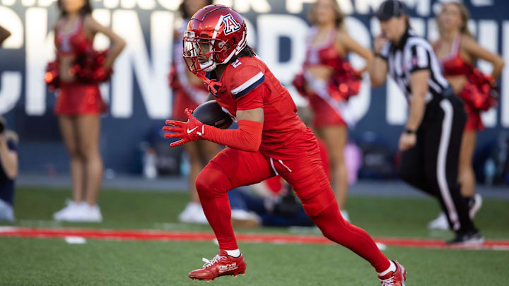 Nov 30, 2024; Tucson, Arizona, USA; Arizona Wildcats wide receiver Jeremiah Patterson (2) against the Arizona State Sun Devils during the Territorial Cup at Arizona Stadium. Mandatory Credit: Mark J. Rebilas-Imagn Images