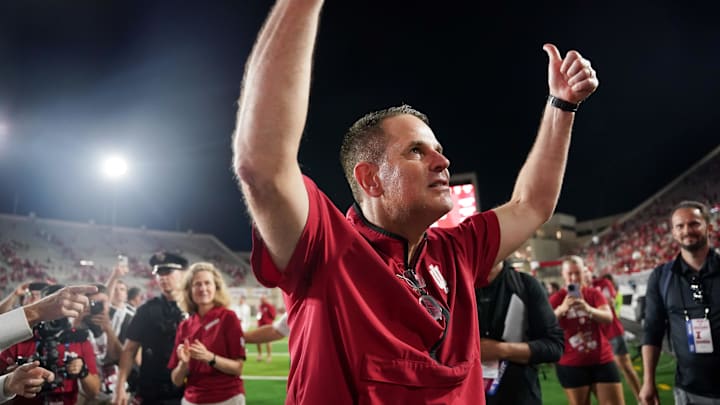 Sep 20, 2025; Bloomington, Indiana, USA; Indiana Hoosiers head coach Curt Cignetti celebrates after defeating the Illinois Fighting Illini at Memorial Stadium. Mandatory Credit: Robert Goddin-Imagn Images