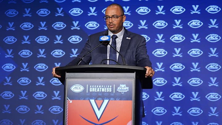 Jul 23, 2024; Charlotte, NC, USA;  Virginia head coach Tony Elliot answers questions from the media during the ACC Kickoff at Hilton Charlotte Uptown. Mandatory Credit: Jim Dedmon-Imagn Images