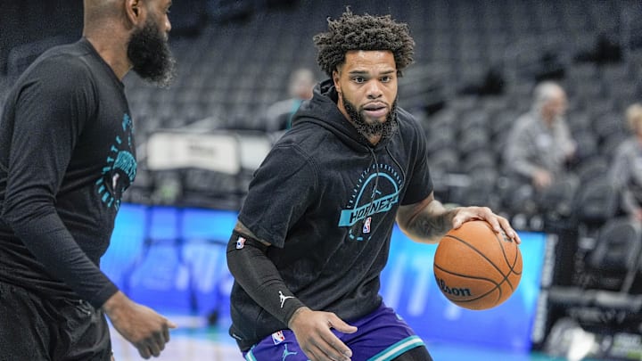 Nov 2, 2025; Charlotte, North Carolina, USA; Charlotte Hornets forward Miles Bridges (0) during pre-game warm ups against the Utah Jazz at Spectrum Center. Mandatory Credit: Jim Dedmon-Imagn Images