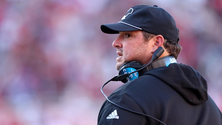 Mississippi State Bulldogs head coach Jeff Lebby during the third quarter against the Arkansas Razorbacks at Donald W. Reynolds Razorback Stadium. Bulldogs won 38-35.