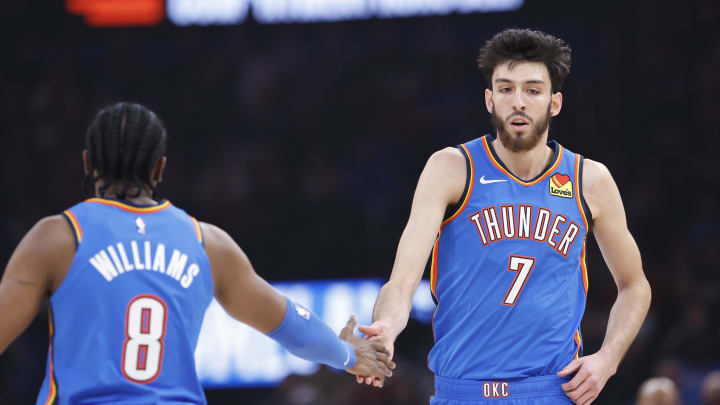 Dec 26, 2023; Oklahoma City, Oklahoma, USA; Oklahoma City Thunder forward Chet Holmgren (7) celebrates with Oklahoma City Thunder forward Jalen Williams (8) after scoring against the Minnesota Timberwolves during the first quarter at Paycom Center. Mandatory Credit: Alonzo Adams-USA TODAY Sports