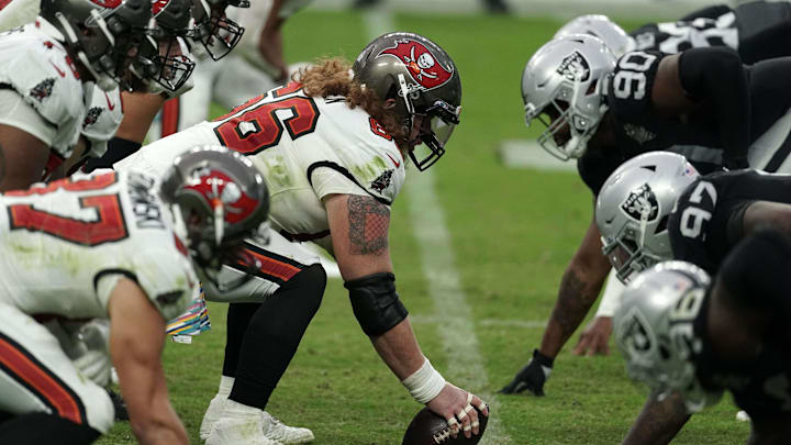 Oct 25, 2020; Paradise, Nevada, USA; A general view of the line of scrimmage as Tampa Bay Buccaneers center Ryan Jensen (66) snaps the ball against the Las Vegas Raiders at Allegiant Stadium. The Buccaneers defeated the Raiders 45-20. Mandatory Credit: Kirby Lee-Imagn Images