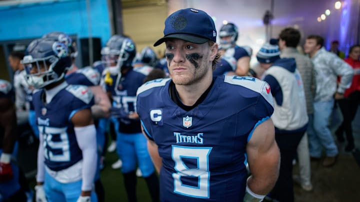 Tennessee Titans quarterback Will Levis (8) waits to enter the field before the Titans play the Bengals at Nissan Stadium in Nashville, Tenn., Sunday, Dec. 15, 2024.