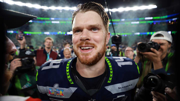Feb 8, 2026; Santa Clara, CA, USA; Seattle Seahawks quarterback Sam Darnold (14) celebrates after defeating the New England Patriots in Super Bowl LX at Levi's Stadium.