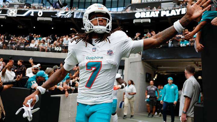 Miami Dolphins wide receiver Caleb Douglas (7) walks onto the field before the game against the Las Vegas Raiders at Allegiant Stadium. Miami Dolphins wide receiver Caleb Douglas (7) walks onto the field before the game against the Las Vegas Raiders at Allegiant Stadium.