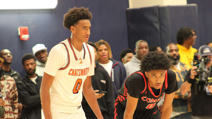 Alijah Arenas (left) and Tajh Ariza battle in the LA City Section Open Division final at LA Southwest College on Friday, February 28, 2025.