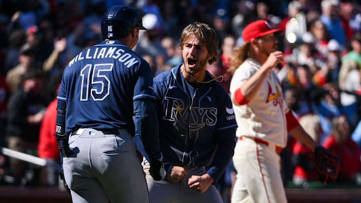 Mar 28, 2026; St. Louis, Missouri, USA; Tampa Bay Rays shortstop Carson Williams (7) celebrates with third baseman Ben Williamson (15) after scoring the game tying run against the St. Louis Cardinals during the ninth inning at Busch Stadium. 