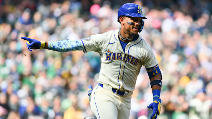 Seattle Mariners center fielder Julio Rodriguez celebrates after hitting a single against the Oakland Athletics on Sept. 29 at T-Mobile Park. Seattle Mariners center fielder Julio Rodriguez celebrates after hitting a single against the Oakland Athletics on Sept. 29 at T-Mobile Park.