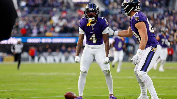 Dec 7, 2025; Baltimore, Maryland, USA; Baltimore Ravens wide receiver Zay Flowers (4) reacts after a play against the Pittsburgh Steelers during the second half at M&T Bank Stadium. Mandatory Credit: Peter Casey-Imagn Images