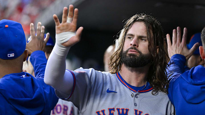 May 2, 2025; St. Louis, Missouri, USA;  New York Mets designated hitter Jesse Winker (3) is congratulated by teammates after scoring against the St. Louis Cardinals during the second inning at Busch Stadium. Mandatory Credit: Jeff Curry-Imagn Images