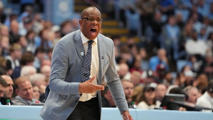 Dec 30, 2025; Chapel Hill, North Carolina, USA; North Carolina Tar Heels head coach Hubert Davis reacts in the first half at Dean E. Smith Center. Mandatory Credit: Bob Donnan-Imagn Images