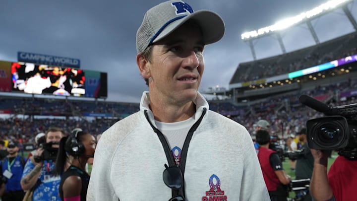 Feb 2, 2025; Orlando, FL, USA; NFC coach Eli Manning reacts after the 2025 Pro Bowl Games at Camping World Stadium. Mandatory Credit: Kirby Lee-Imagn Images Feb 2, 2025; Orlando, FL, USA; NFC coach Eli Manning reacts after the 2025 Pro Bowl Games at Camping World Stadium. Mandatory Credit: Kirby Lee-Imagn Images