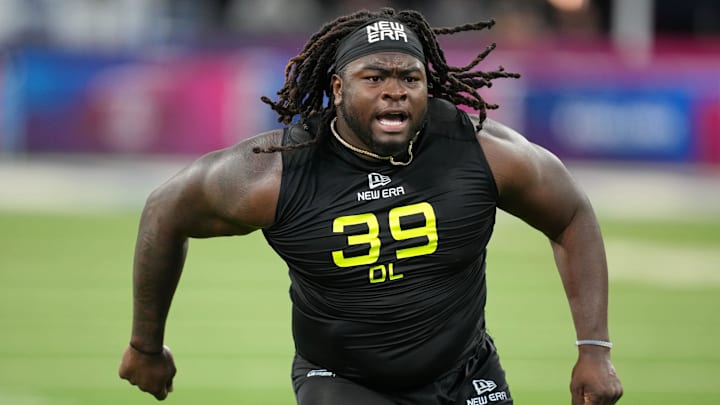 Feb 27, 2025; Indianapolis, IN, USA; Indiana defensive lineman CJ West (DL39) participates in drills during the 2025 NFL Combine at Lucas Oil Stadium. Mandatory Credit: Kirby Lee-Imagn Images
