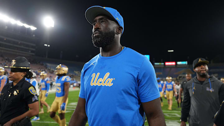 Sep 14, 2024; Pasadena, California, USA; UCLA Bruins head coach DeShaun Foster reacts after the game against the Indiana Hoosiers at Rose Bowl. Mandatory Credit: Kirby Lee-Imagn Images Sep 14, 2024; Pasadena, California, USA; UCLA Bruins head coach DeShaun Foster reacts after the game against the Indiana Hoosiers at Rose Bowl. Mandatory Credit: Kirby Lee-Imagn Images