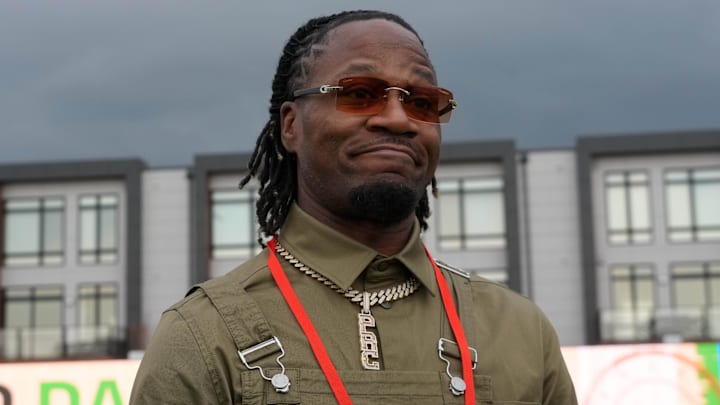 Apr 23, 2025; Green Bay, WI, USA; Adam Jones aka Pacman Jones at the NFL Draft prospect clinic with Special Olympics at Draft Experience Field at Titletown. Mandatory Credit: Kirby Lee-Imagn Images