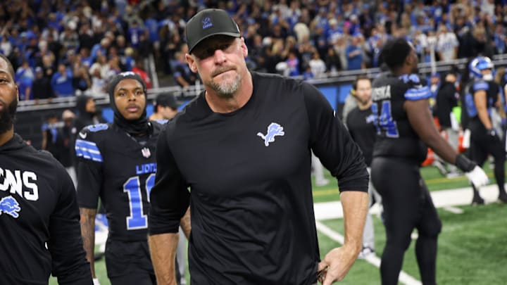 Detroit Lions head coach Dan Campbell exits the field after the game against the New York Giants at Ford Field.