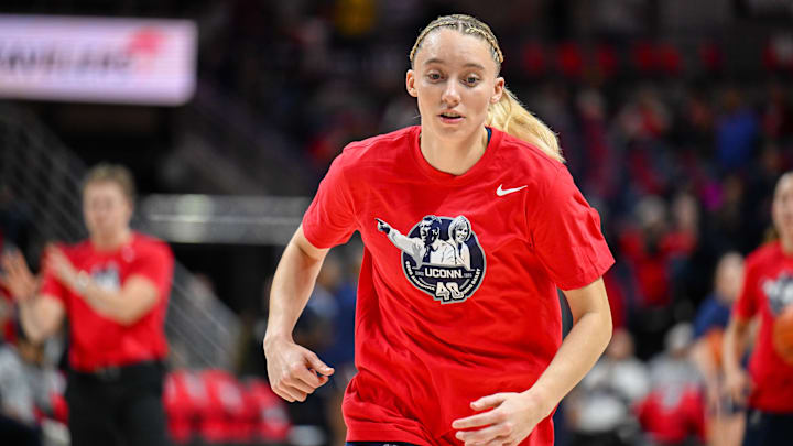 Nov 20, 2024; Storrs, Connecticut, USA; Connecticut Huskies guard Paige Bueckers (5) warms up before a game against the Fairleigh Dickinson Knights at Harry A. Gampel Pavilion. Mandatory Credit: Mark Smith-Imagn Images
