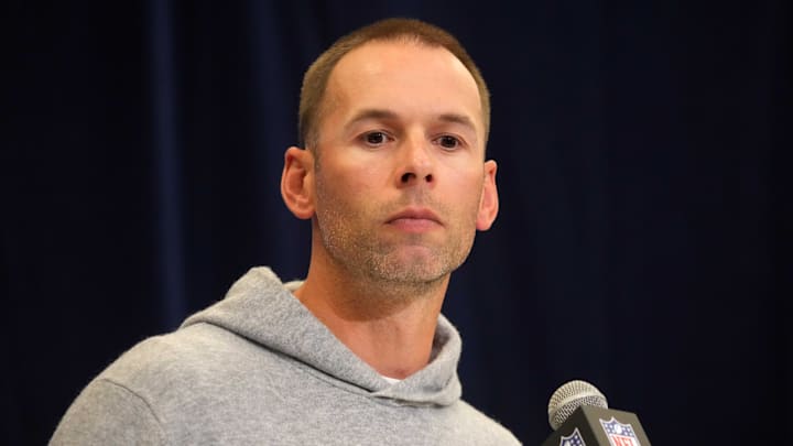 Feb 25, 2025; Indianapolis, IN, USA; Arizona Cardinals coach Jonathan Gannon speaks during the NFL Scouting Combine at the Indiana Convention Center. Mandatory Credit: Kirby Lee-Imagn Images