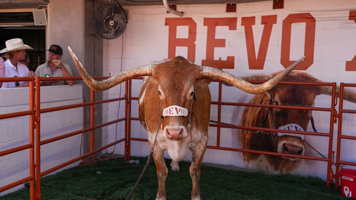 Sep 28, 2024; Austin, Texas, USA;  Texas Longhorns mascot, Bevo XV, before the game against the Mississippi State Bulldogs at Darrell K Royal-Texas Memorial Stadium.