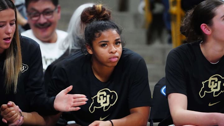 Jan 19, 2024; Boulder, Colorado, USA; Colorado Buffaloes guard Shelomi Sanders (22) on the bench in