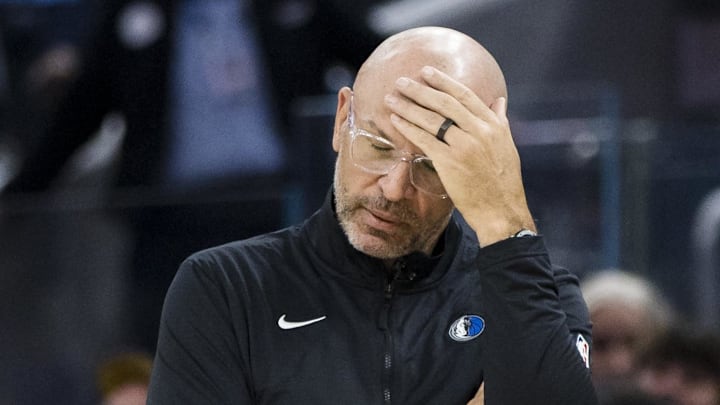 Feb 23, 2025; San Francisco, California, USA; Dallas Mavericks head coach Jason Kidd reacts during the second quarter of the game against the Golden State Warriors at Chase Center. Mandatory Credit: John Hefti-Imagn Images Feb 23, 2025; San Francisco, California, USA; Dallas Mavericks head coach Jason Kidd reacts during the second quarter of the game against the Golden State Warriors at Chase Center. Mandatory Credit: John Hefti-Imagn Images