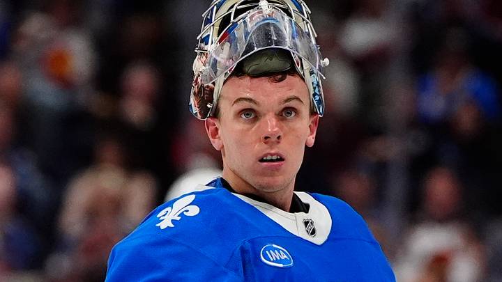 Jan 12, 2026; Denver, Colorado, USA; Colorado Avalanche goaltender Trent Miner (50) during the third period between the Toronto Maple Leafs at Ball Arena. Mandatory Credit: Ron Chenoy-Imagn Images