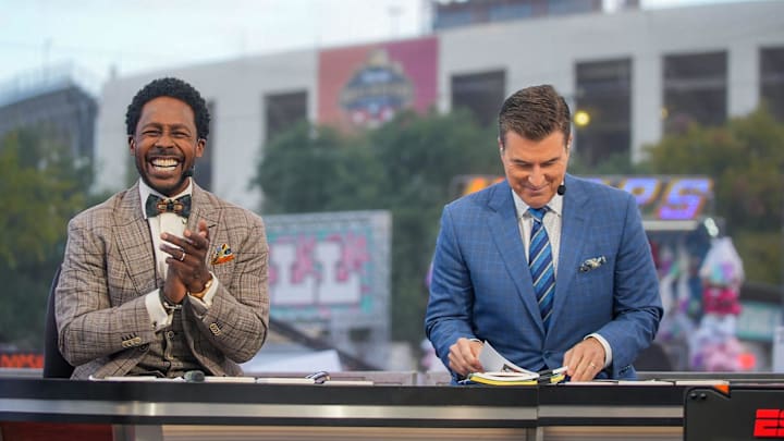 College Gameday hosts Desmond Howard, and 
Rece Davis during the Broadcasting of the show before the match off between Texas Longhorns and Oklahoma Sooners in NCAA college football game at the Cotton Bowl on Saturday, Oct. 7, 2023 in Dallas, Texas. This game makes up the119th rivalry match up.