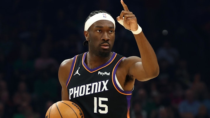 Feb 24, 2026; Phoenix, Arizona, USA; Phoenix Suns center Mark Williams (15) against the Boston Celtics in the second half at Mortgage Matchup Center. Mandatory Credit: Mark J. Rebilas-Imagn Images