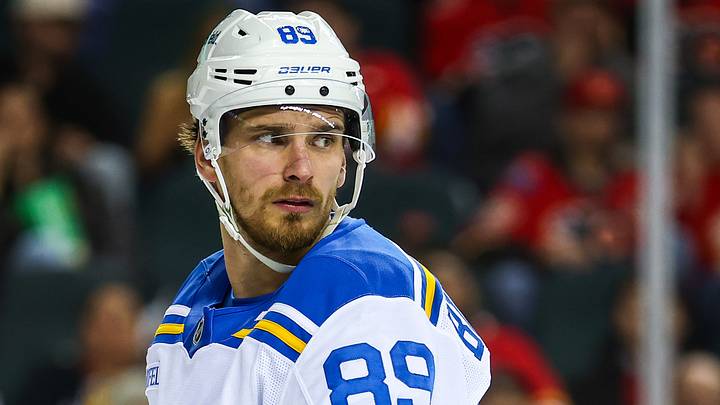 Mar 18, 2026; Calgary, Alberta, CAN; St. Louis Blues left wing Pavel Buchnevich (89) against the Calgary Flames during the second period at Scotiabank Saddledome. Mandatory Credit: Sergei Belski-Imagn Images