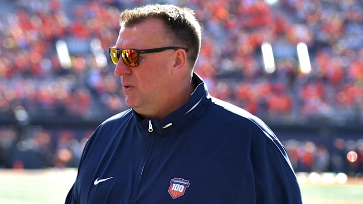 Oct 19, 2024; Champaign, Illinois, USA;  Illinois Fighting Illini head coach Bret Bielema before a game with the Michigan Wolverines at  Memorial Stadium. Mandatory Credit: Ron Johnson-Imagn Images