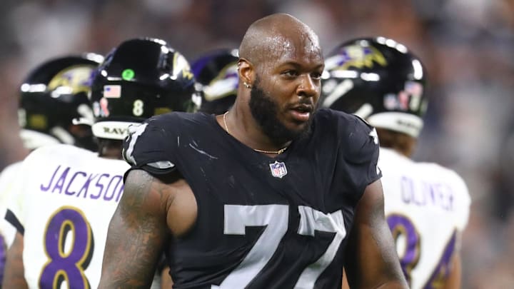 Sep 13, 2021; Paradise, Nevada, USA; Las Vegas Raiders defensive tackle Quinton Jefferson (77)