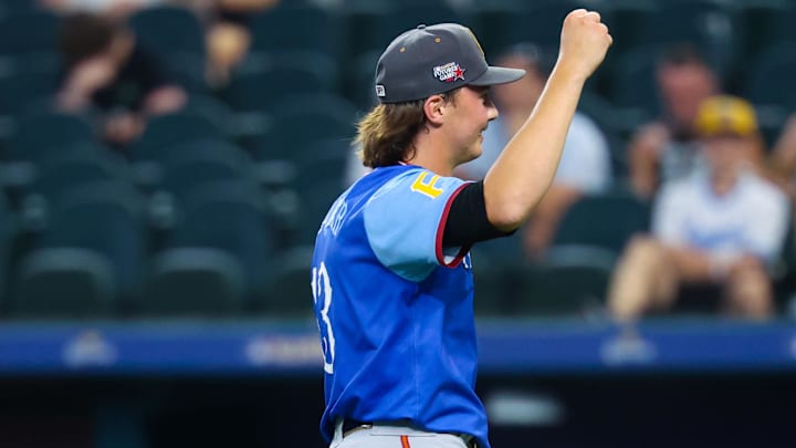 National League Future pitcher and Pittsburgh Pirates prospect Bubba Chandler reacts after the game against the American League Future team during the Major League All-Star Futures game at Globe Life Field.  