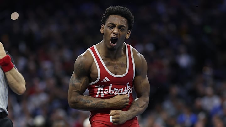 Mar 21, 2025; Philadelphia, PA, USA; Antrell Taylor of Nebraska reacts after defeating Meyer Shapiro of Cornell (not pictured) during the semifinals of the NCAA Wrestling Championships at Wells Fargo Center.