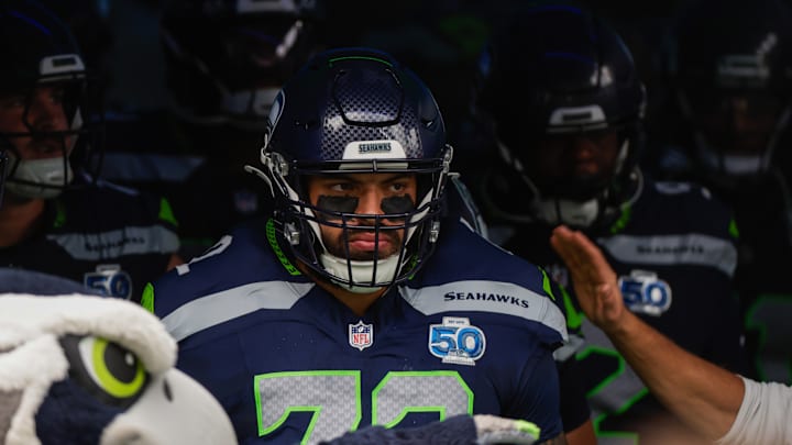 Sep 7, 2025; Seattle, Washington, USA; Seattle Seahawks offensive tackle Abraham Lucas (72) stands in the tunnel before player introductions against the Seattle Seahawks at Lumen Field.