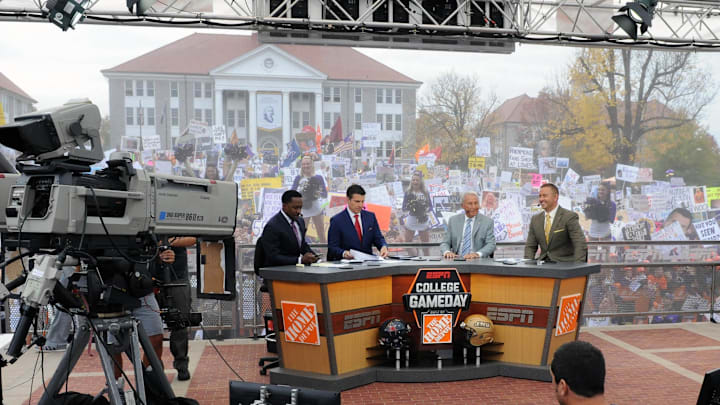 General view of ESPN Gameday set during the broadcast in the front of Wilson Hall on the campus of James Madison University prior to the homecoming game between Richmond and James Madison at Bridgeforth Stadium.