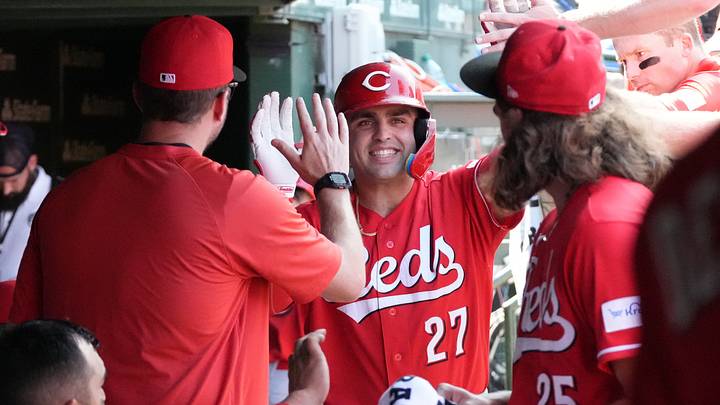 Aug 28, 2026; Chicago, Illinois, USA; Cincinnati Reds first baseman Sal Stewart (27) is greeted in the dugout after hitting a home against the Chicago Cubs during the fifth inning at Wrigley Field. Aug 28, 2026; Chicago, Illinois, USA; Cincinnati Reds first baseman Sal Stewart (27) is greeted in the dugout after hitting a home against the Chicago Cubs during the fifth inning at Wrigley Field.