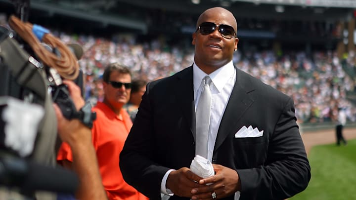 Aug 29, 2010; Chicago, IL, USA; White Sox former player Frank Thomas during Frank Thomas Day prior to the game against the New York Yankees at US Cellular Field. Mandatory Credit: Dennis Wierzbicki-Imagn Images