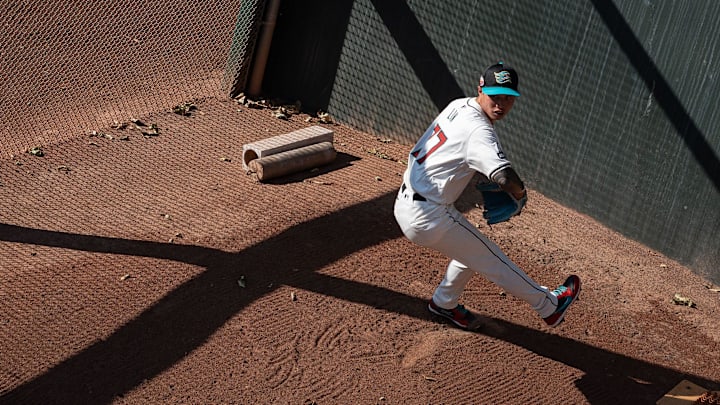 Yu-Min Lin throws in the bullpen during the Arizona Fall League media day at Scottsdale Stadium on Oct. 4, 2024, in Scottsdale, Arizona.