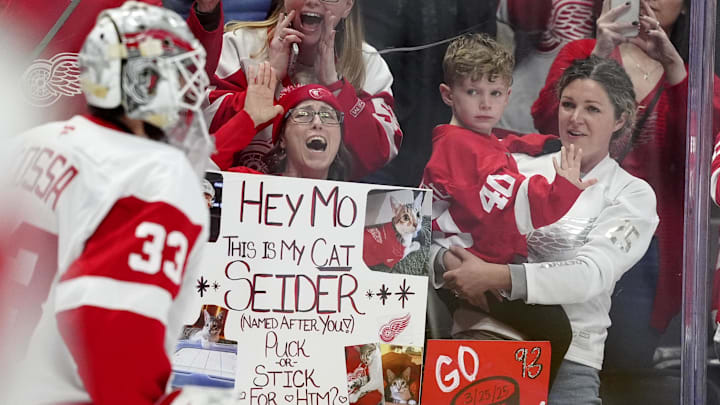Mar 25, 2025; Denver, Colorado, USA; Detroit Red Wings fans react towards goalie Sebastian Cossa (33) before the game against the Colorado Avalanche at Ball Arena. Mandatory Credit: Ron Chenoy-Imagn Images
