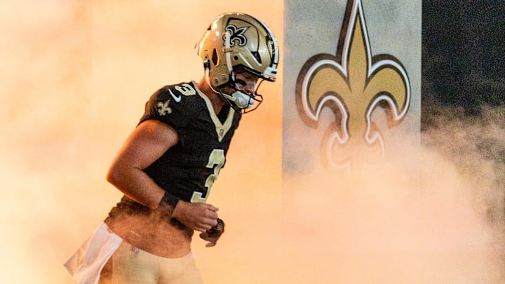 New Orleans Saints quarterback Jake Haener (3) during pregame announcements against the Tennessee Titans