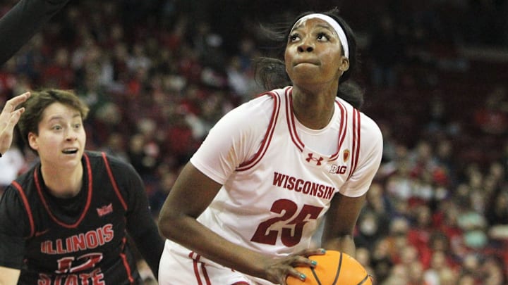 Wisconsin's Serah Williams (25) looks for her shot during a WNIT game at the Kohl Center in Madison, Wisconsin on Thursday March 28, 2024.