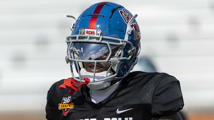 Jan 29, 2025; Mobile, AL, USA; American team defensive back Trey Amos of Ole Miss (21) runs through drills during Senior Bowl practice at Hancock Whitney Stadium. Mandatory Credit: Vasha Hunt-Imagn Images